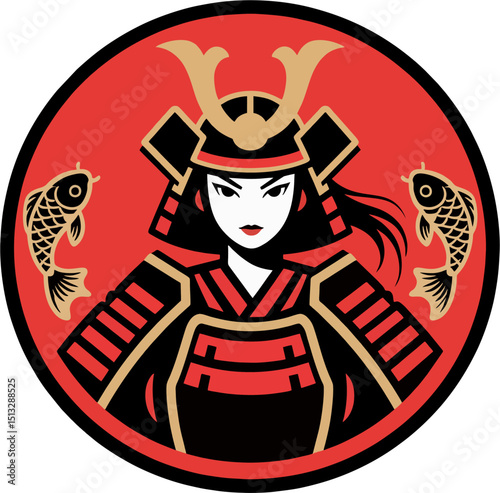 Female Samurai Warrior with Koi Fish – Vector Japanese Emblem in Red and Gold Style