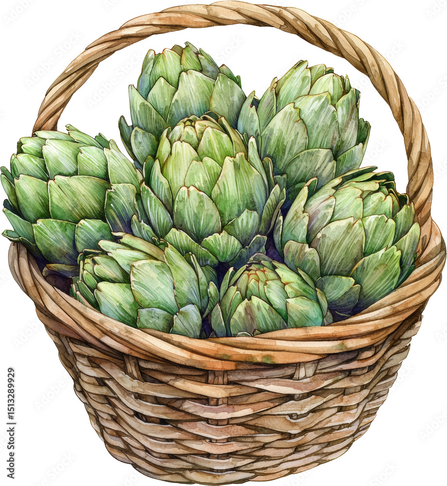 Fototapeta premium artichoke in wicker basket watercolor illustration art drawing 