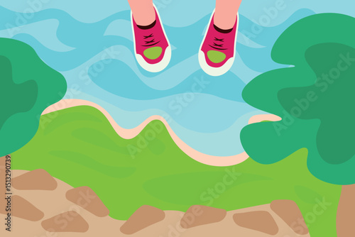 Traveler's shoes on a seascape background.