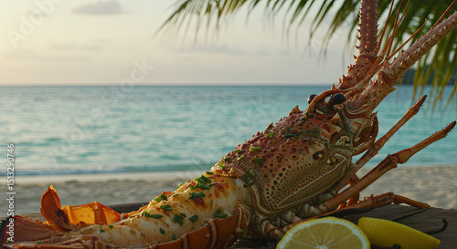 Comorian langouste grilled lobster with lemon and vanilla beside azure waters photo