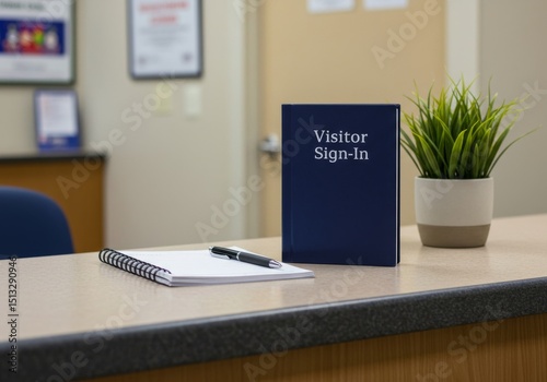 Visitor sign-in book, notebook, and pen on reception desk