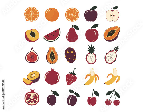 Silhouette collection of fruits and berries. Includes sliced shapes of lemon, orange, apple, pear, watermelon, peach, papaya, fig, pineapple, dragon fruit, kiwi, mango, banana, and pomegranate.