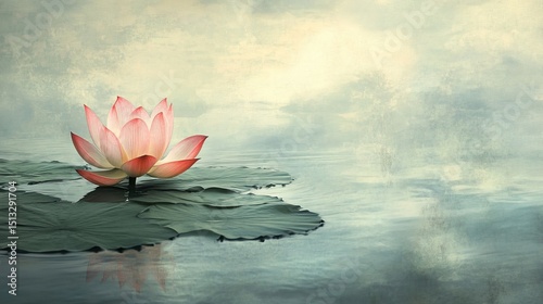 Pink lotus flower sits on leaves in water with a dreamy background.