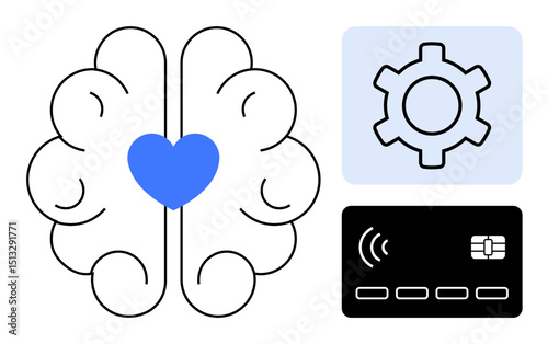 Brain with blue heart, settings gear, and credit card. Ideal for fintech, AI ethics, emotional intelligence, innovation, customer loyalty, digital banking simple landing page
