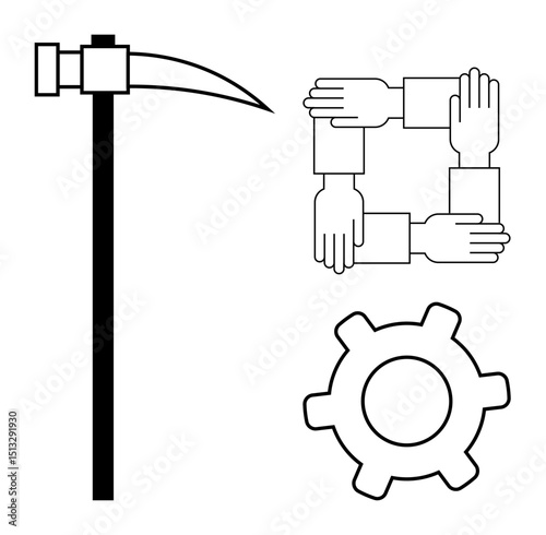 Hammer and sickle combined with square of intertwined hands and gear symbolizing teamwork, labor, and progress. Ideal for collaboration, industrial themes, cooperation, commerce, unity, labor