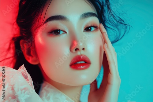 Fashion commercial advertisement. Radiant glowing skin of Asian woman