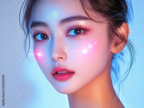 Futuristic beauty technology, AI-powered skincare analysis, advanced facial recognition.
