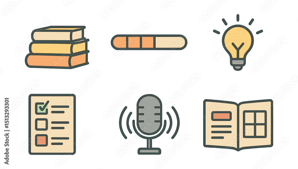 Outline with Fill style icons of self-learning process: book stack, progress bar, video tutorial, idea flash, quiz test, podcast icon, notebook open, lesson plan.