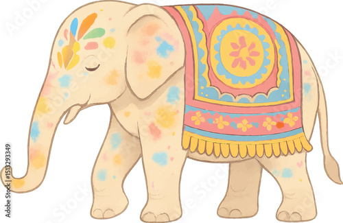A decorative elephant illustration with colorful traditional Indian patterns, representing cultural art, celebration, and ethnic symbolism.