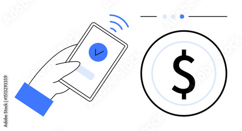 Hand holding smartphone with payment confirmation, wireless wave, and currency symbol. Ideal for finance, e-commerce, payment gateway, fintech, banking, mobile wallet simple landing page
