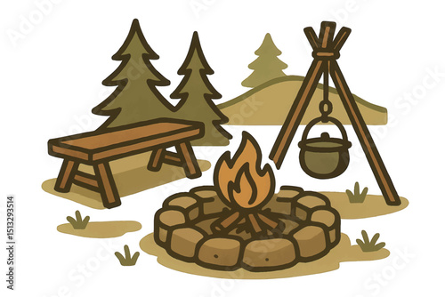 Illustration of a cozy forest campsite with campfire, bench, pine trees, and a pot hanging over the flames for outdoor cooking.
