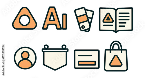 Outline with Fill icon set for branding tools: logo icon, font choice, color swatch, brand guide, identity icon, banner frame, tagline card, branded item.