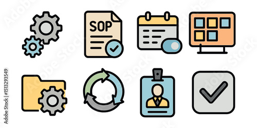 Outline with Fill icon set for operations management: gears icon, SOP document, daily schedule, action board, resources folder, cycle chart, manager badge, task token.