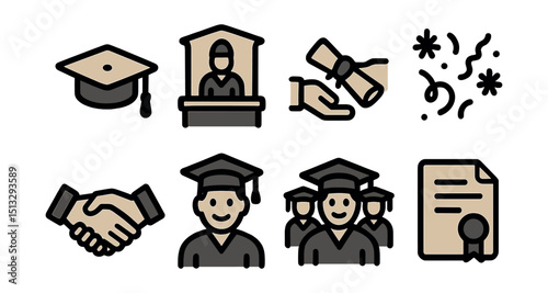 Outline with Fill icon set for graduation event: graduation cap, ceremony stage, diploma handover, confetti, handshake, smiling student, group photo, certificate file.