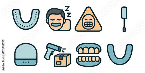 Outline with Fill vector icons of night guard usage: bite guard, sleep bruxism icon, clenching alert, adjustment tool, storage case, delivery scan, occlusal view, soft liner.