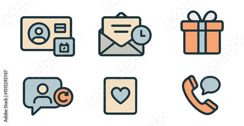 Outline with Fill vector icons of patient retention tools: recall card, email reminder, loyalty gift, reactivation message, thank-you note, follow-up call, review request, return calendar.