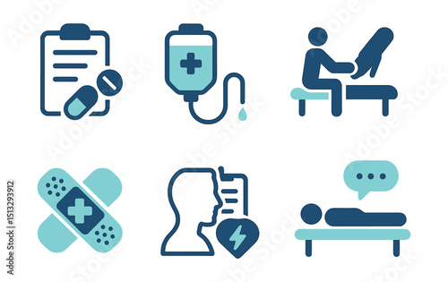 Two-Color vector icons of treatment: medication plan, IV therapy, physical rehab, care plan. Wound dressing, pain relief icon, medical procedure, therapy icon.