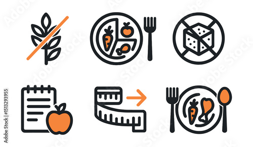 Two-Color vector icons of diet: low carb icon, portion plate, no sugar icon, calorie counter. Meal plan, food list, weight goal, balanced meal icon.