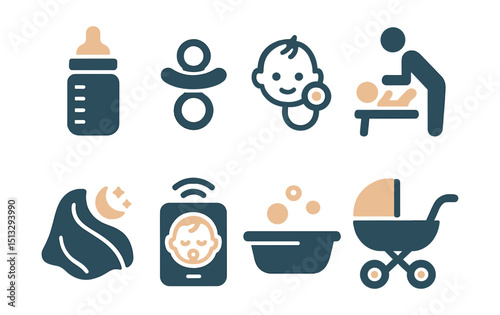 Two-Color vector icons of baby care: baby bottle, pacifier, baby health check, diaper change icon. Soft blanket, sleep monitor, baby bath, stroller icon.