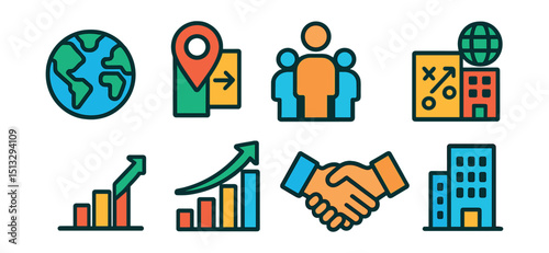 Flat vector icons of business expansion: global map, branch location pin, market entry icon, growing team, scaling chart, international handshake, expansion plan, overseas building.