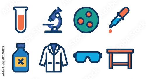 Flat vector icons of laboratory tools: test tube, microscope, petri dish, pipette, chemical bottle, lab coat, safety goggles, lab bench.
