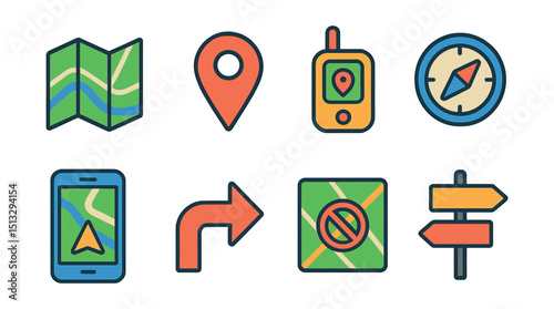 Flat vector icons of maps and navigation: folded map, location pin, GPS tracker, compass, navigation app, route arrow, offline map icon, direction sign.