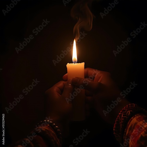 Close-up of hands holding glowing candles wrapped in African fabric during a moody candlelight vigil. Vertical 12K, dark background, emotional and symbolic