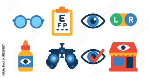 Flat vector icons of eye care: eyeglasses, eye test chart, eye icon, contact lens case, eye drops, optometrist tool, vision correction, optical shop.