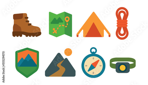 Flat vector icons of adventure travel: hiking boots, trail map, tent, climbing rope, adventure badge, mountain path, compass icon, headlamp.