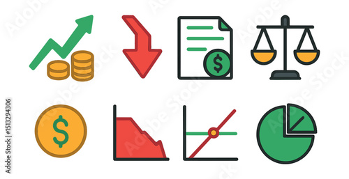 Flat vector icons of profit and loss: profit growth arrow, loss down arrow, income statement, balance icon, gain icon, red loss chart, breakeven point, margin ratio.