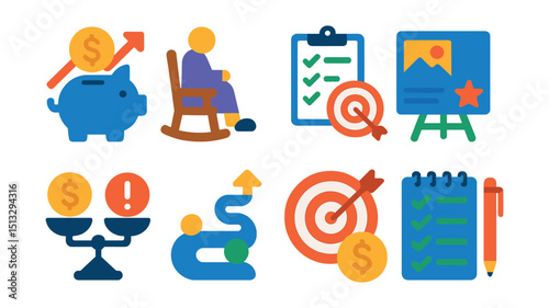 Flat vector icons of financial planning: savings goal, retirement plan, financial goal icon, vision board, income vs expense, roadmap to wealth, financial target, plan tracker.