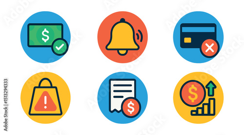 Flat vector icons of financial notifications (in circles): payment received, alert bell, transaction failed, spending warning, invoice due, low balance, overdraft alert, investment update.