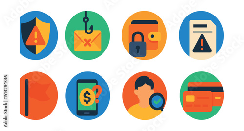 Flat vector icons of financial fraud prevention (in circles): alert shield, phishing attempt, locked wallet, fraud report, red flag icon, suspicious transaction, identity check, blocked card.
