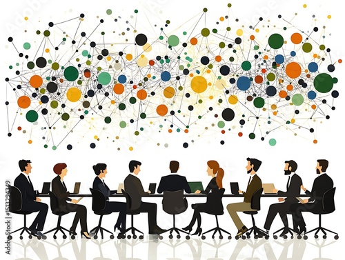 Diverse group in a meeting, connected by a network