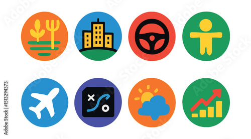 Flat vector icons of simulation games (in circles): farming icon, city building, driving sim, life simulation, airplane sim, strategy HUD, weather control, sim economy.