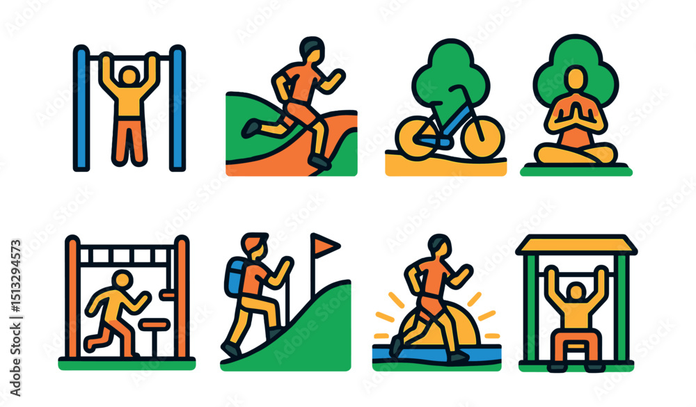 Naklejka premium Flat vector icons of outdoor fitness: park workout bar, running trail, cycling path, nature yoga, outdoor bootcamp, hiking hill, sunrise jog, open-air gym.