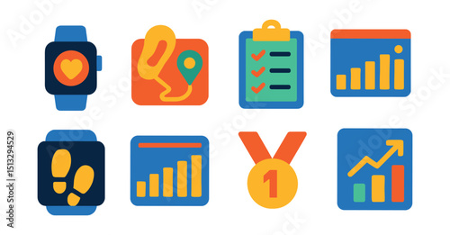 Flat vector icons of fitness tracking: smartwatch, step counter, GPS route, training plan, weekly chart, heart zone graph, personal record, fitness stats.