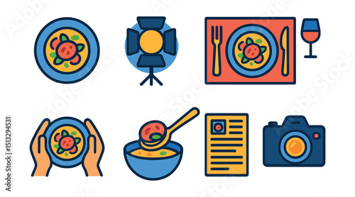 Flat vector icons of food photography: top-down plate, food lighting, styled table, hands holding dish, spoon lift shot, recipe card photo, chef portrait, camera with plate.
