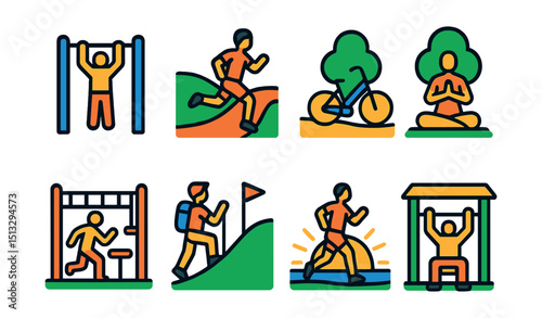 Flat vector icons of outdoor fitness: park workout bar, running trail, cycling path, nature yoga, outdoor bootcamp, hiking hill, sunrise jog, open-air gym.