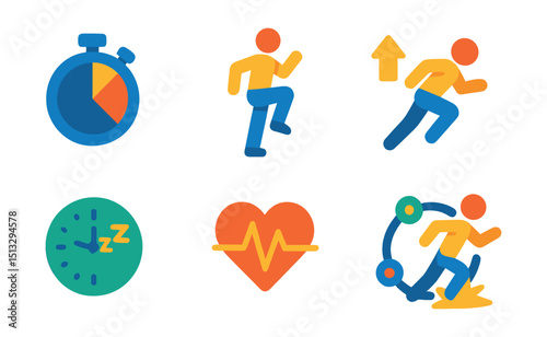 Flat vector icons of HIIT training: interval timer, high knees, squat jumps, sprint burst, rest clock, heart spike icon, circuit icon, explosive movement.
