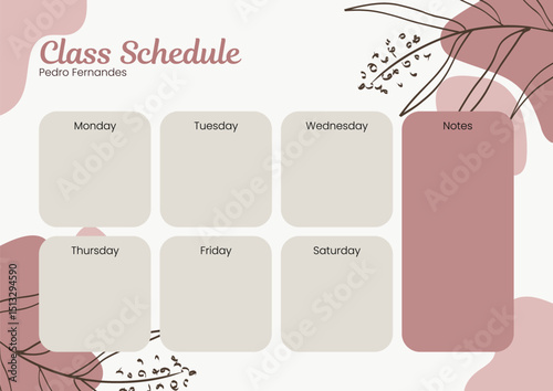 Weekly Class Schedule Planner: A minimalist and aesthetically pleasing weekly class schedule planner featuring a soft pink and beige color palette, adorned with delicate botanical line art.
