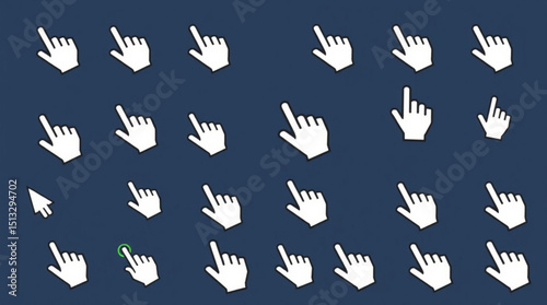 Collection of white hand cursor icons in various positions on a dark blue background pattern design created with generated ai