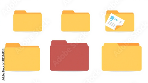 Illustration of six folders in yellow and red colors with one folder containing a document inside it created with generated ai