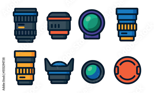Flat vector icons of camera lenses: zoom lens, prime lens, fisheye lens, macro lens, telephoto lens, wide-angle lens, lens hood, lens cap.