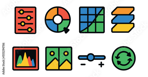 Flat vector icons of Lightroom interface: light panel, color wheel, tone curve, preset stack, histogram window, before/after view, exposure slider, sync settings.
