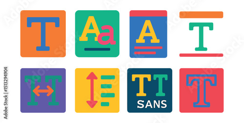 Flat vector icons of typography and fonts: text tool, font pair icon, typeface preview, baseline alignment, kerning control, leading icon, serif vs sans, outline text.