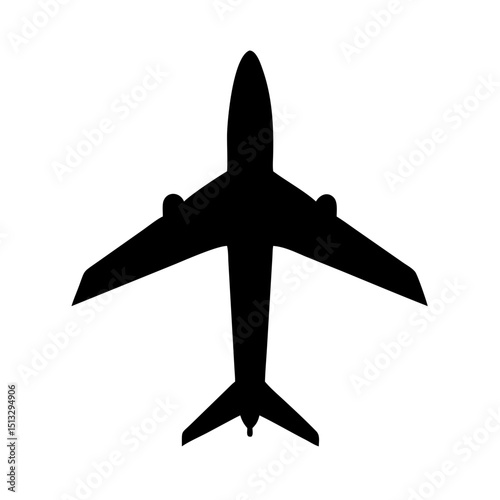 Airplane Silhouette Icon: A black silhouette of a passenger airplane viewed from above, symbolizing travel, aviation, and transportation.