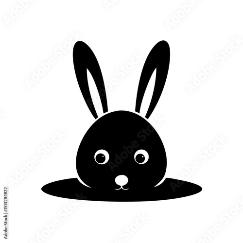 Cute Rabbit Head Silhouette Icon: A black silhouette of a rabbit's head peeking from a hole, representing animals, nature, and cuteness.