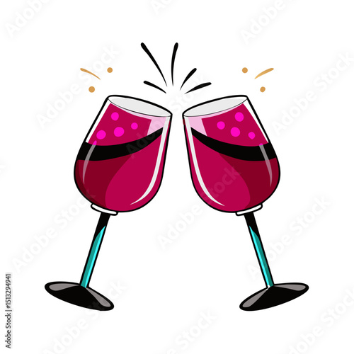 Cheers Wine Glasses Icon: Two wine glasses clinking with red liquid and sparkles, symbolizing celebration, toast, and special occasions.