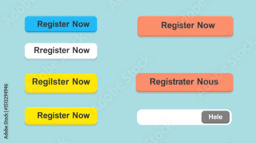 Display of register now buttons in various colors and languages on a light blue background design created with generated ai